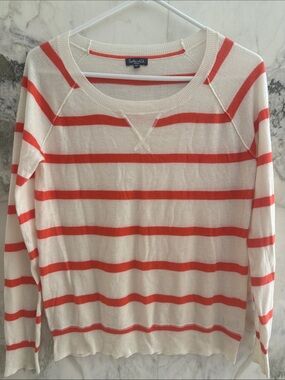 Splendid Cream and Coral-Orange Striped Scoop Neck Sweater